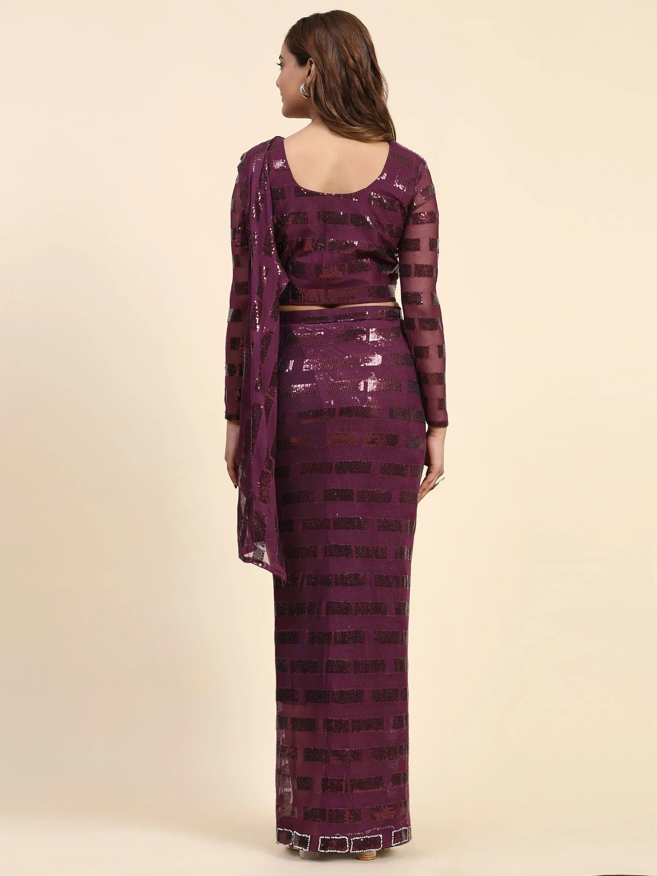 Purple sequin ethnic gown with matching dupatta, back view