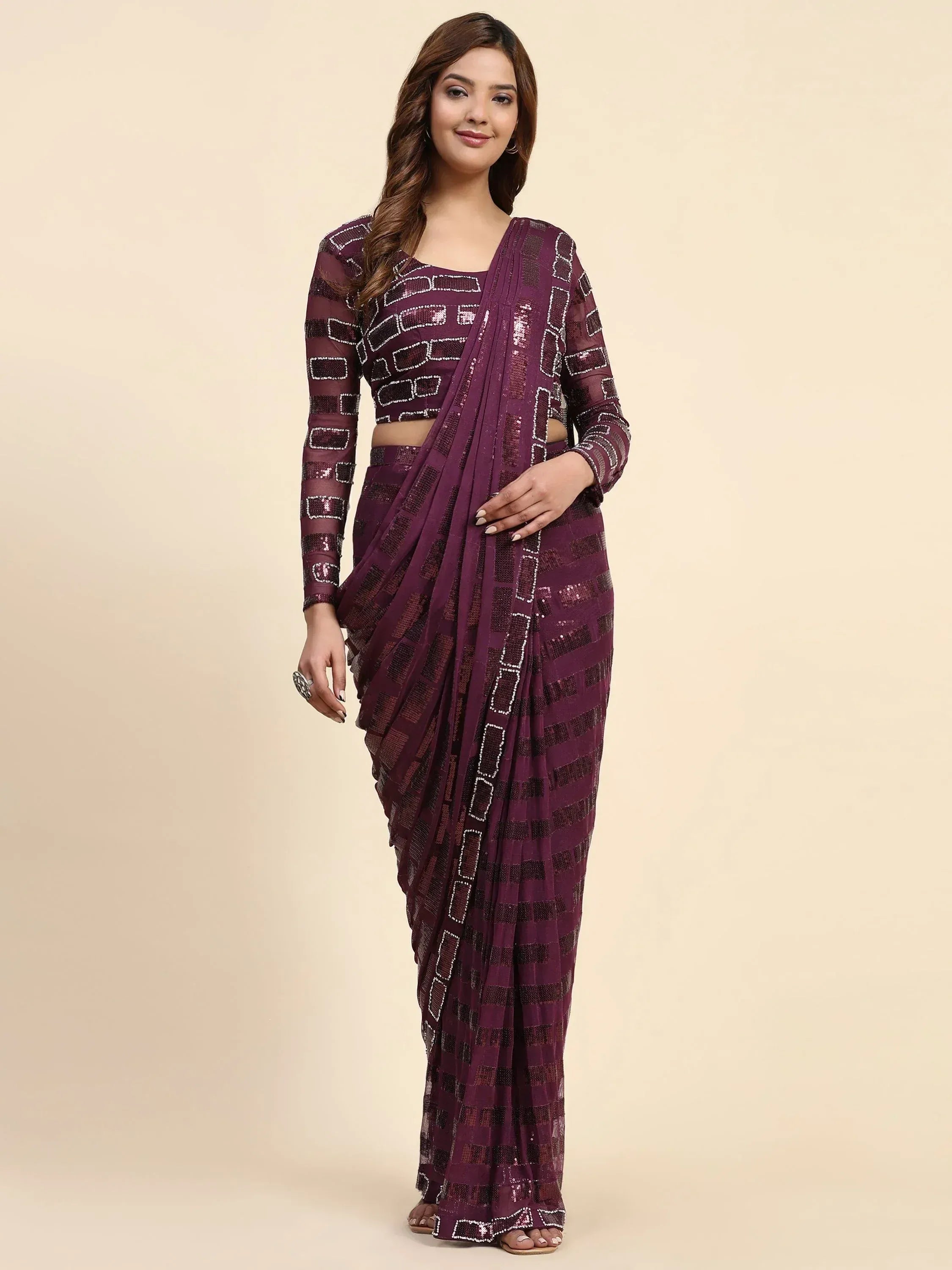 Purple sequin saree with geometric pattern, stylish Indian ethnic wear for women