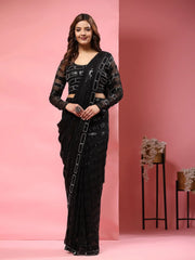 Adorable Black Sequins Work Georgette Ready To Wear Saree With Blouse