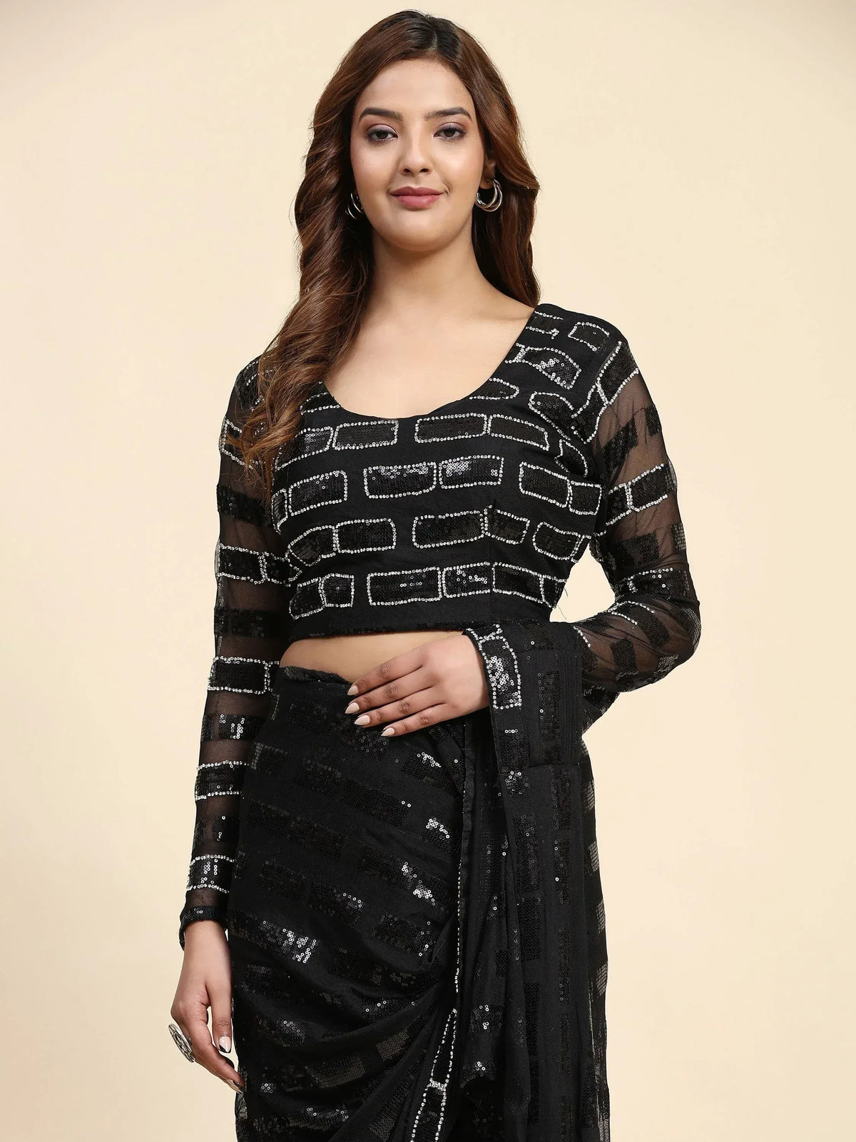 Black sequin saree with sheer long sleeve blouse, ethnic wear for women