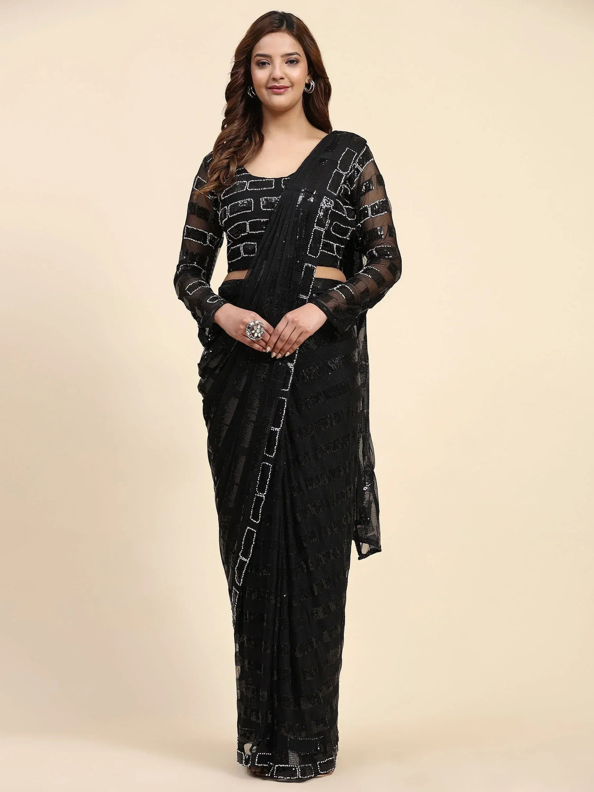 Black sequin saree with geometric pattern and sheer sleeves, Indian ethnic wear