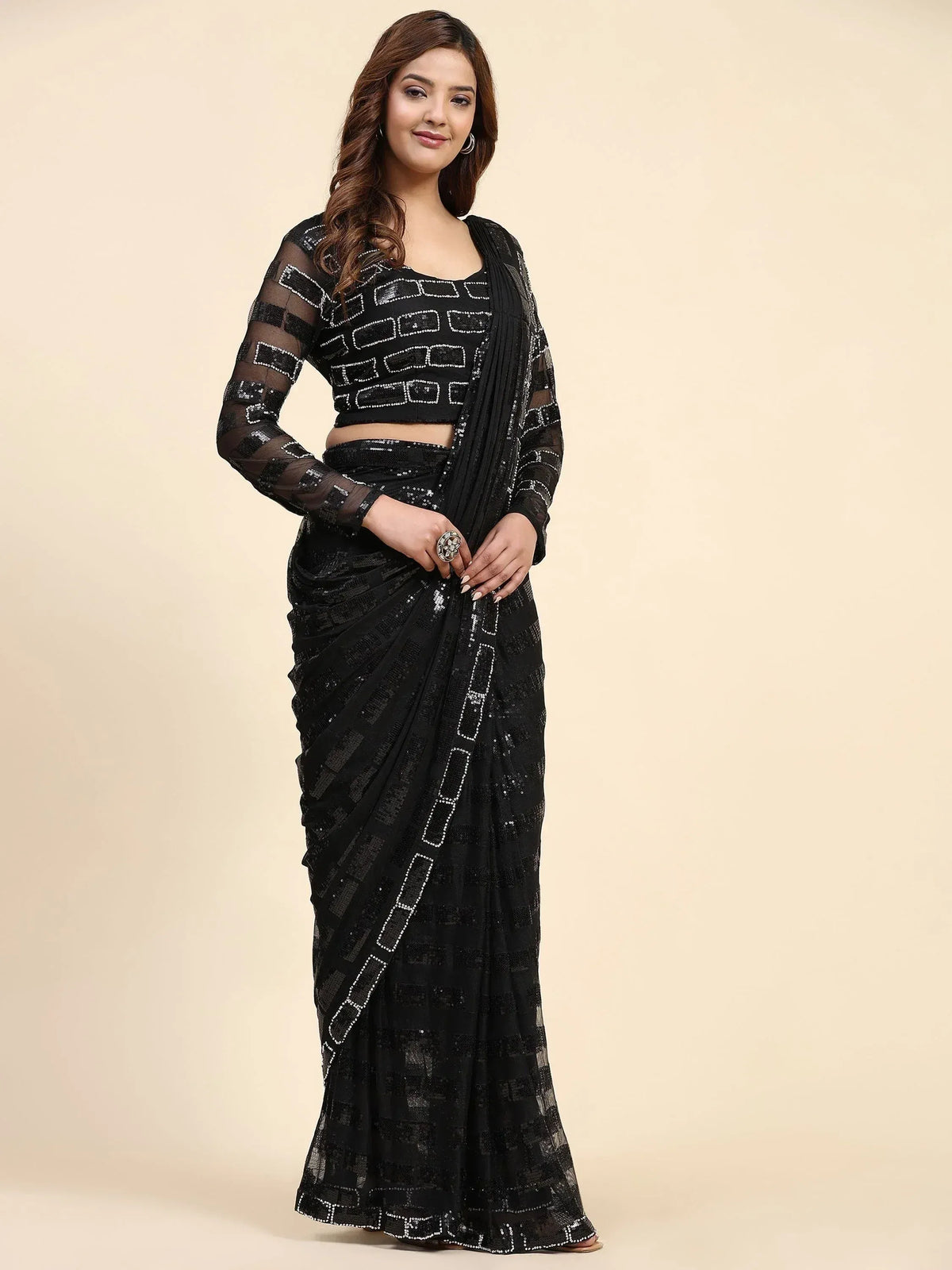 Black sequin saree with geometric pattern and sheer long sleeve blouse, Indian ethnic wear
