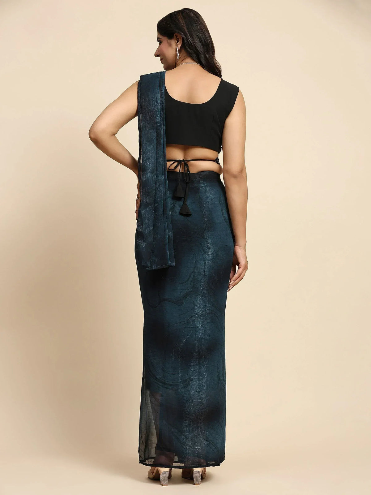 Dark blue ethnic gown with black crop top and back tie, perfect for Indian occasions