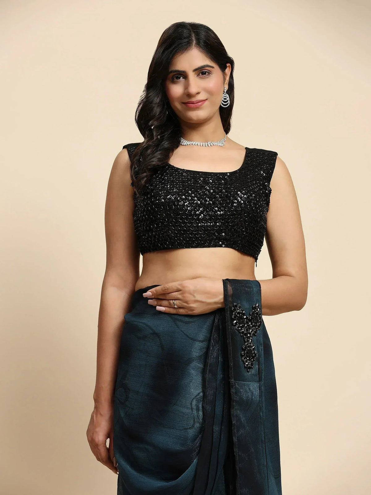 Black sequin crop top with navy blue saree, ethnic wear for women