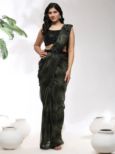Stylish Green Satin Festival Wear Saree With Blouse