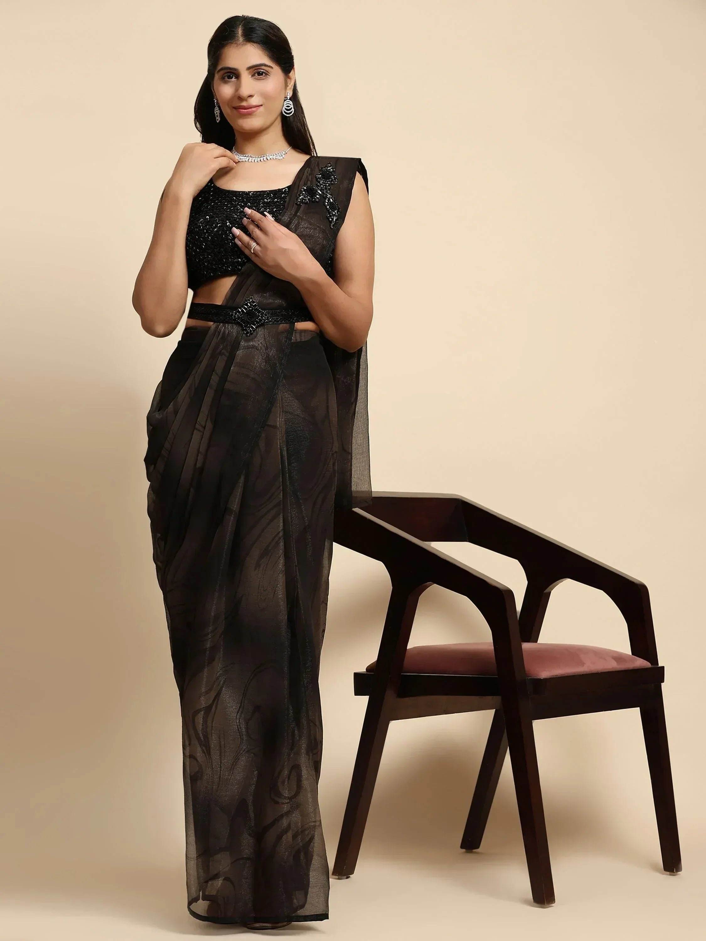 Adorable Dark Brown Satin Wedding Ready To Wear Saree With Blouse