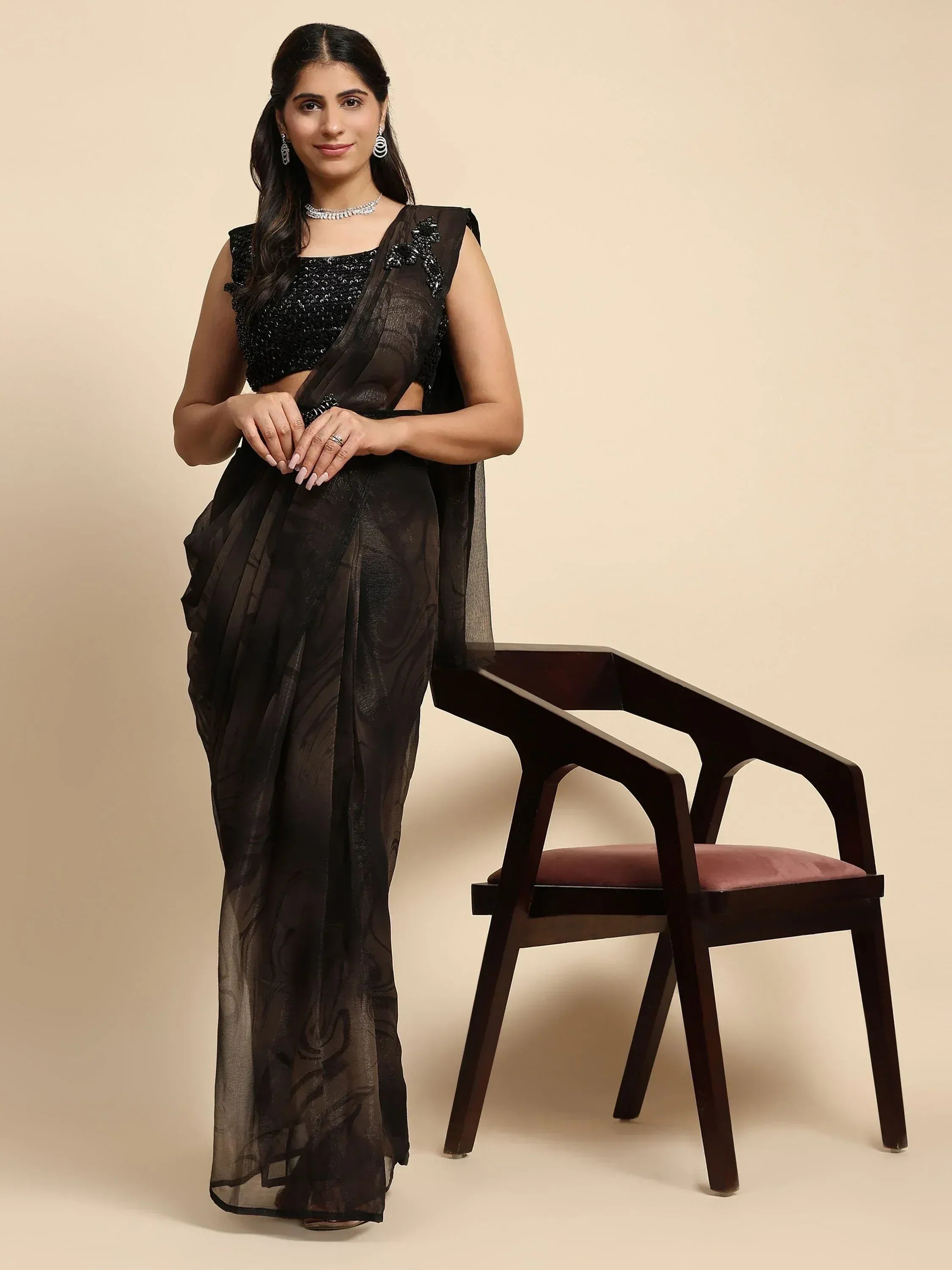 Adorable Dark Brown Satin Wedding Ready To Wear Saree With Blouse