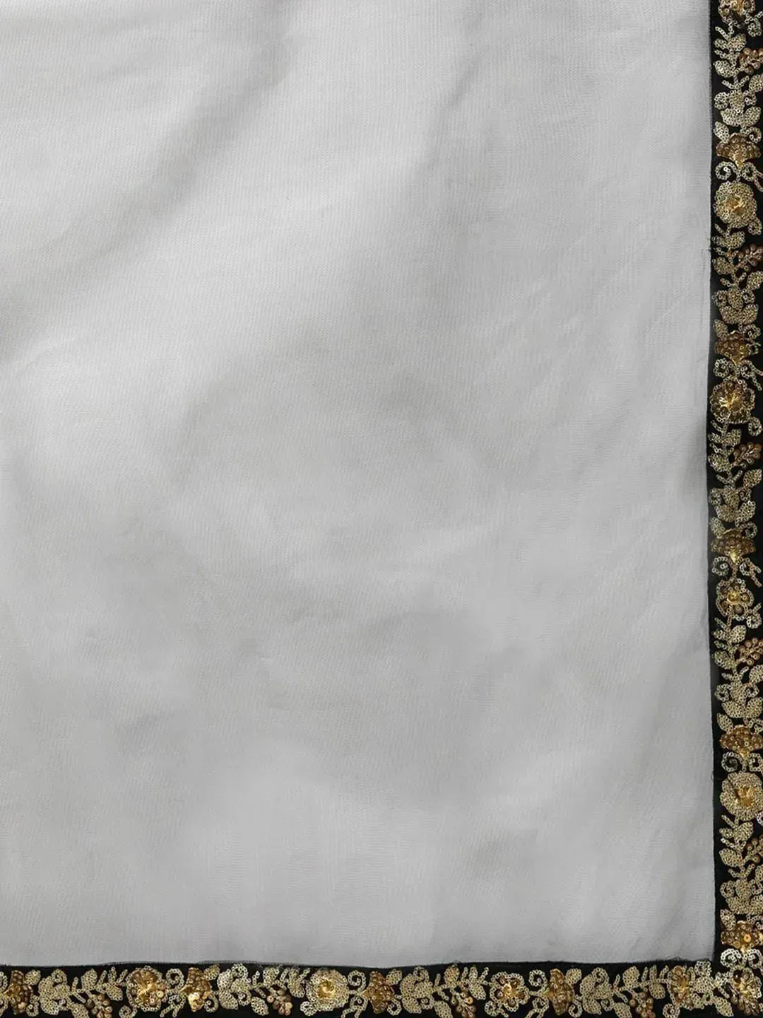 White ethnic fabric with black border and gold floral embroidery, ideal for designer lehenga or saree