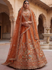 Classic Orange Embroidered Silk Bridal Lehenga Choli With Double Dupatta