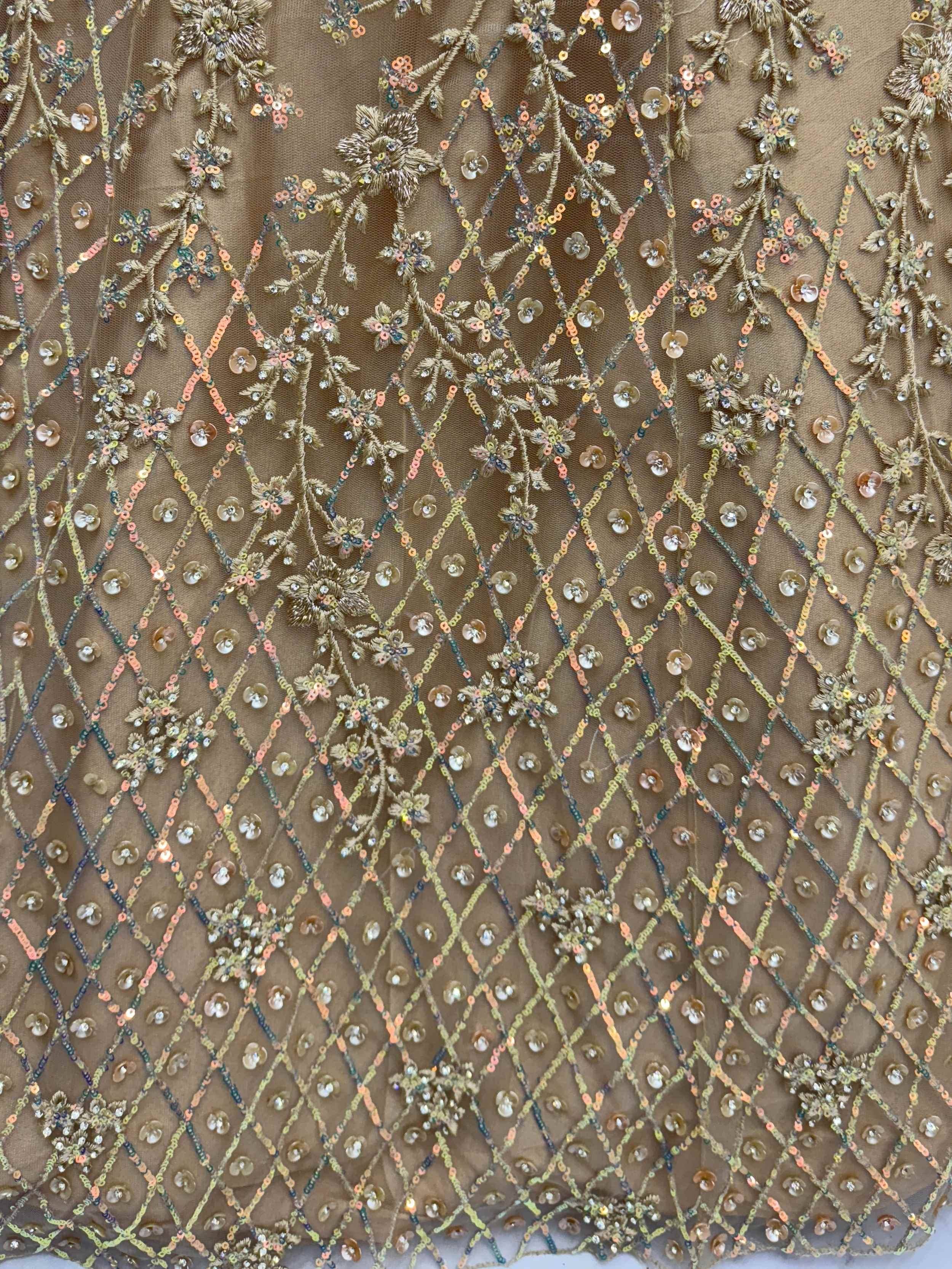 Golden floral embroidery with sequins on sheer fabric, ideal for designer lehenga or ethnic gown