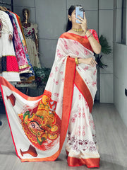 Adorning White Silk Printed Festival Wear Saree With Red Blouse