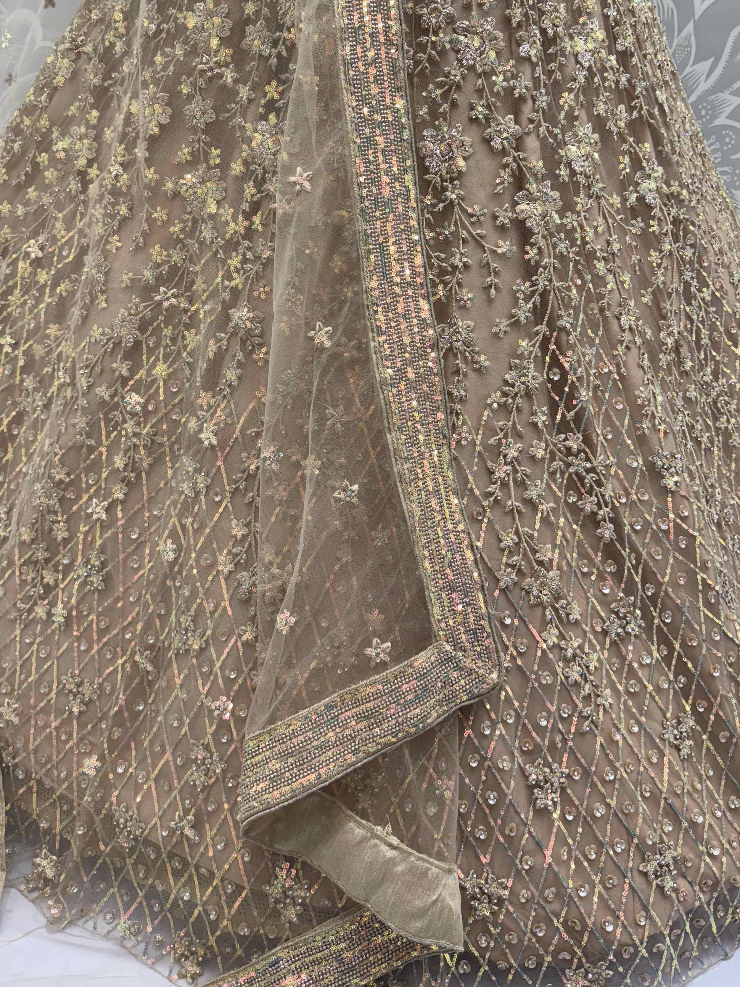 Elegant brown lehenga with floral sequin embroidery and sheer dupatta for Indian ethnic wear