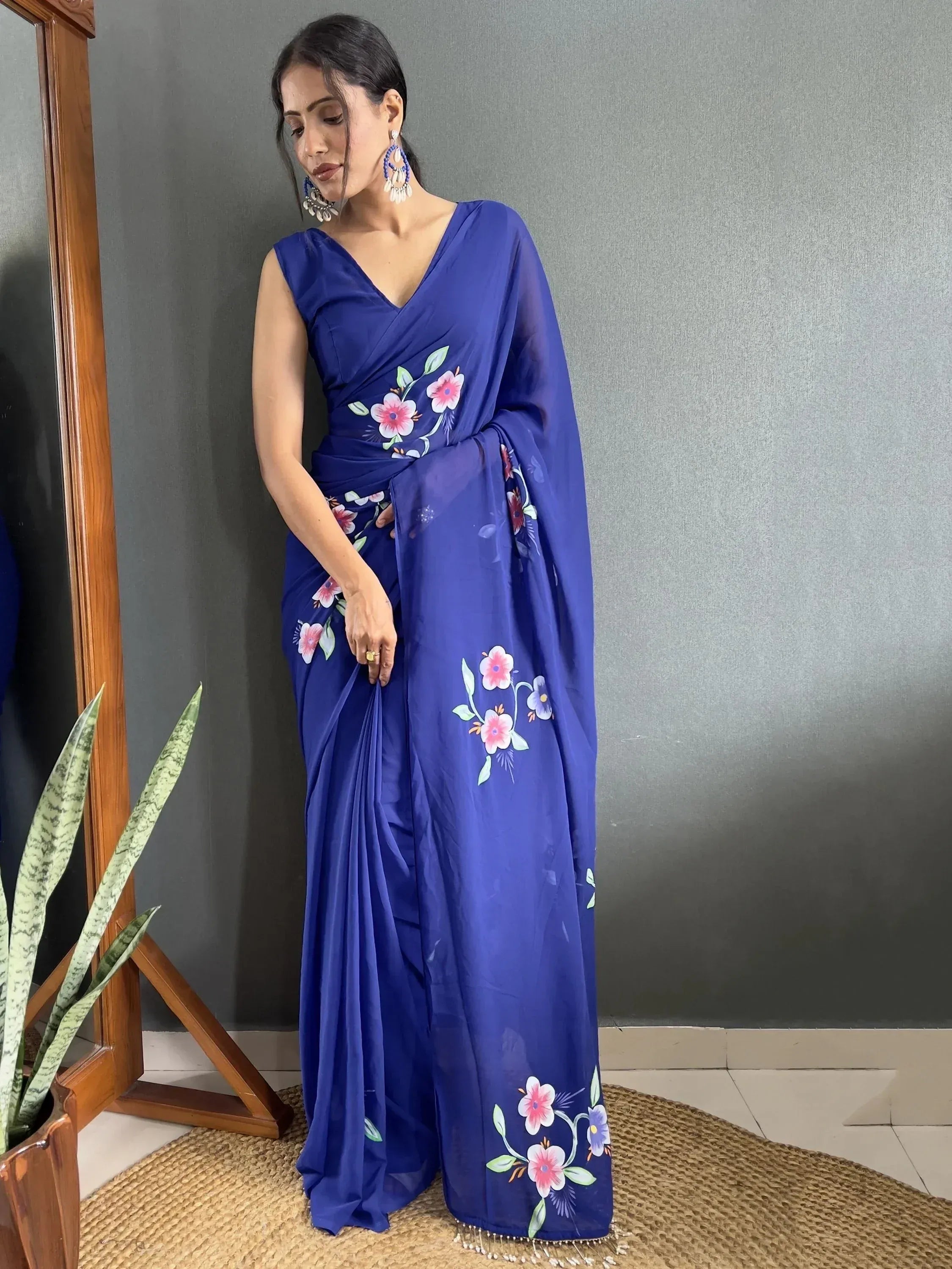 Blue floral printed saree with V-neck blouse, ethnic Indian wear for women
