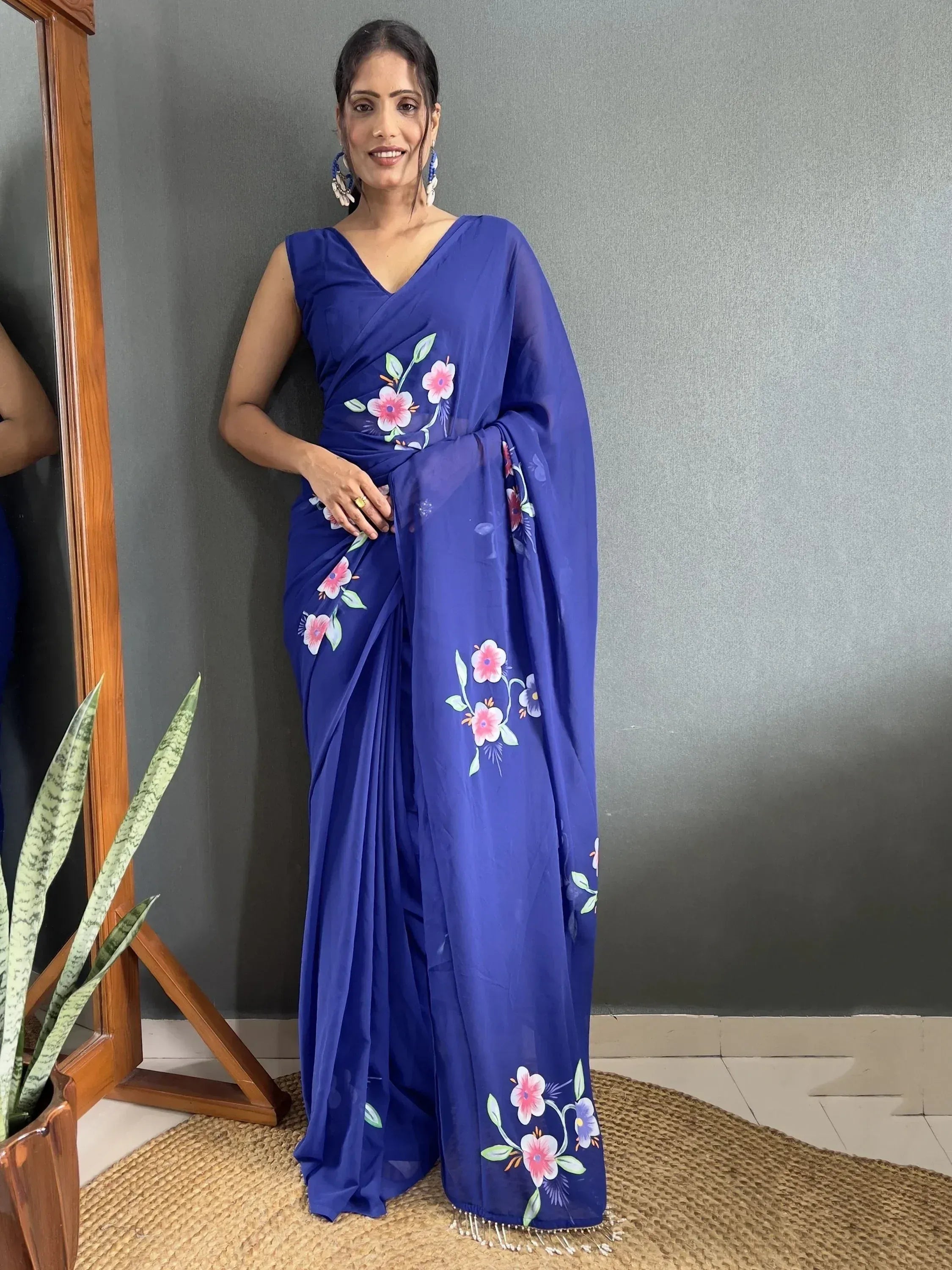 Blue floral print saree with V-neck blouse, Indian ethnic wear for women