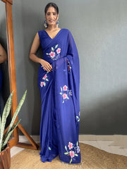 Charming Blue Floral Print Georgette Ready To Wear Saree With Blouse