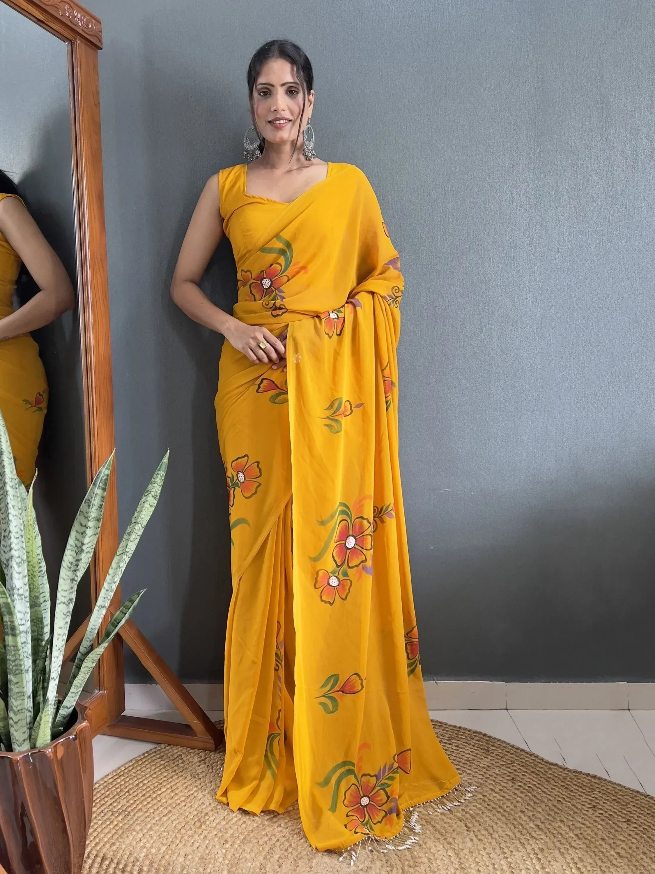 Yellow floral print saree with designer blouse, ethnic Indian wear for women