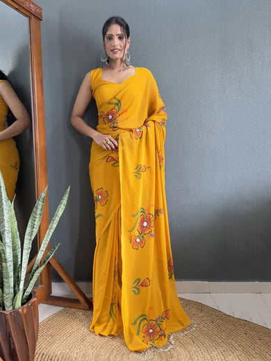 Lovely Yellow Floral Print Georgette Ready To Wear Saree With Blouse