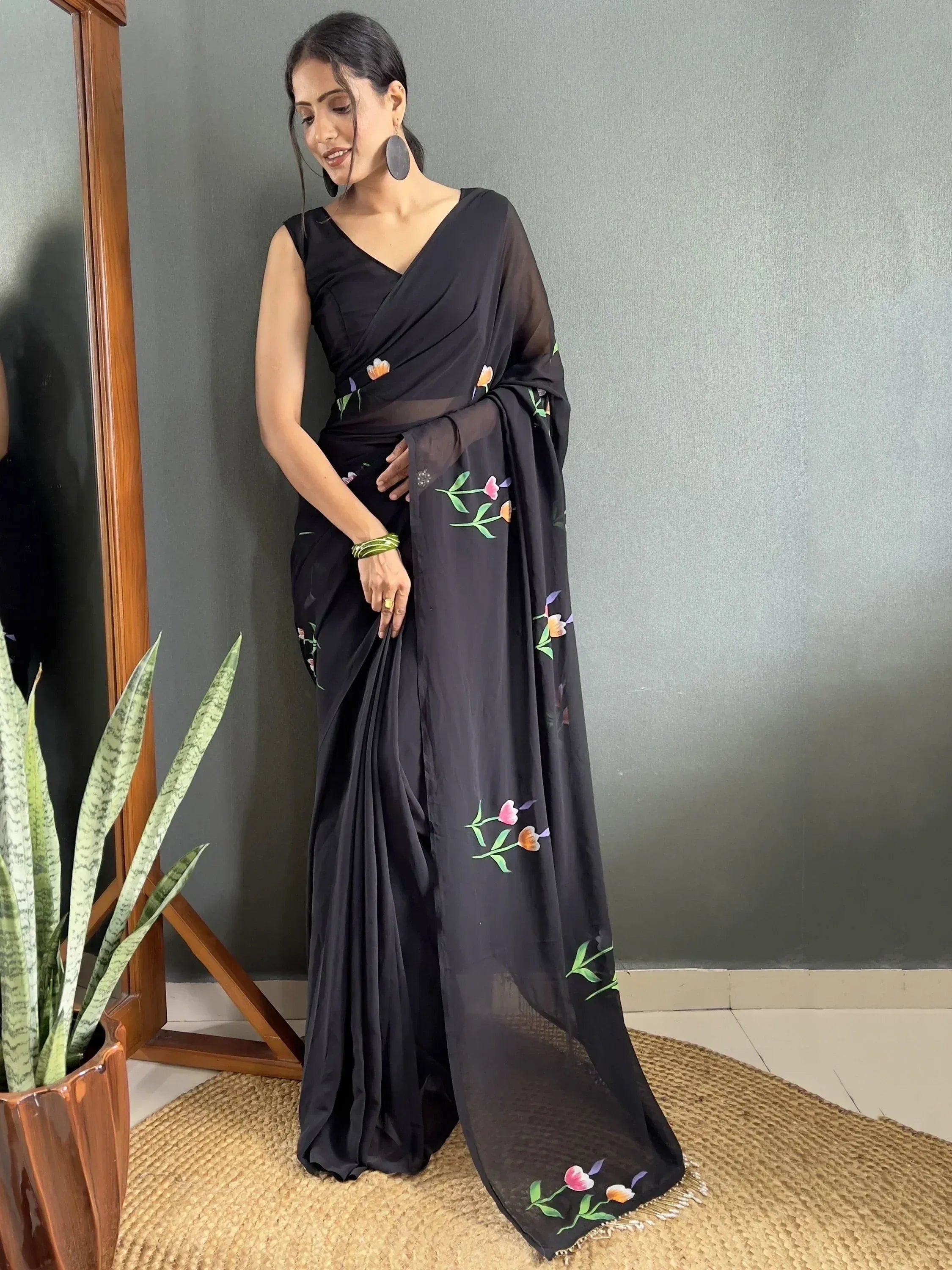 Black floral print saree with sheer pallu, Indian ethnic wear for women