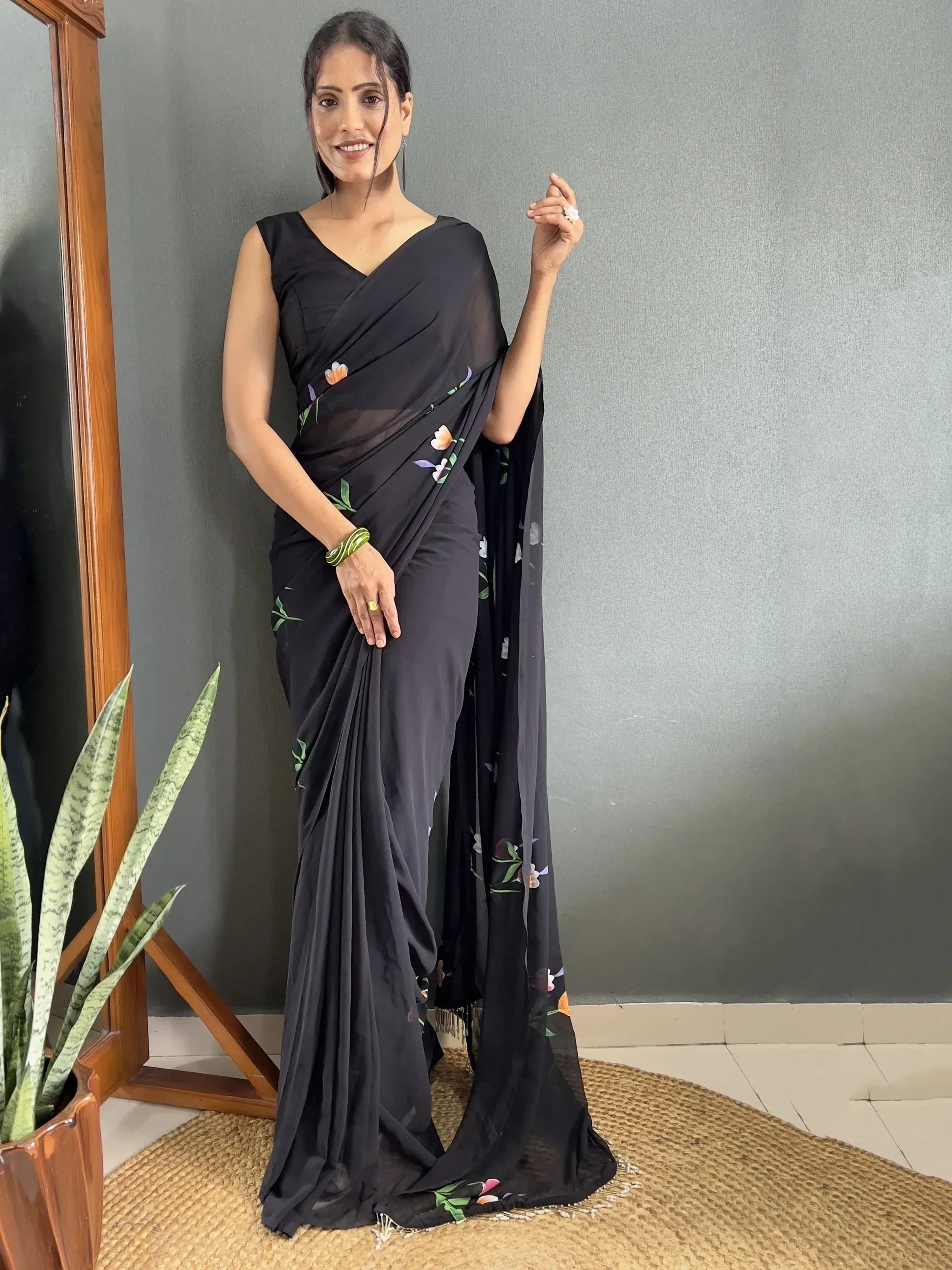 Black floral print saree with V-neck blouse, ethnic wear for women