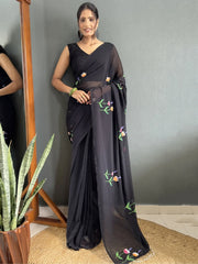 Wonderful Black Floral Print Georgette Ready To Wear Saree With Blouse