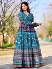 Charming Blue Chanderi Digital Printed Festive Wear Gown