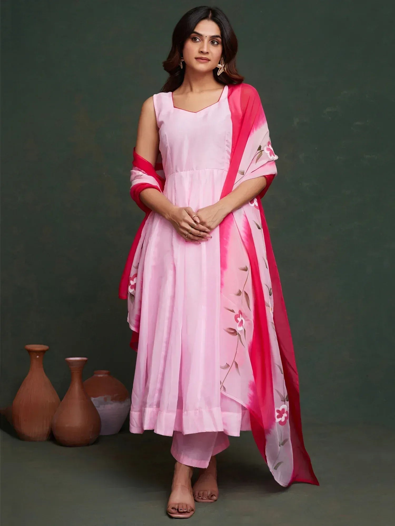 Pink ethnic anarkali suit with floral dupatta, perfect for Indian occasions and festive wear