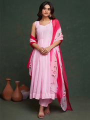 Attractive Pink Organza Event Wear Anarkali Suit With Printed Dupatta