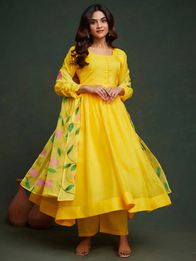 Stunning Yellow Organza Haldi Wear Anarkali Suit With Printed Dupatta