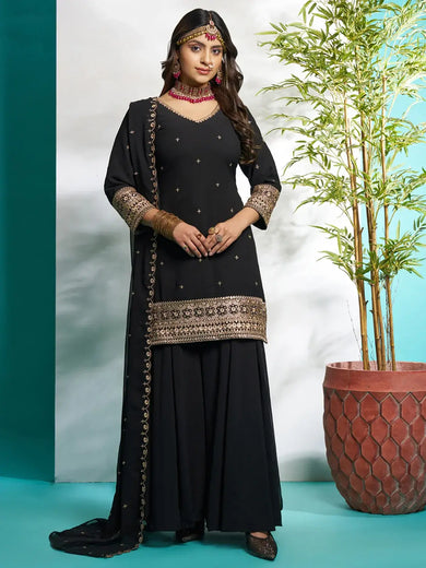 Glamorous Black Zari Embroidered Georgette Palazzo Suit With Dupatta