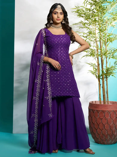 Bewitching Purple Zari Embroidered Georgette Festival Wear Palazzo Suit