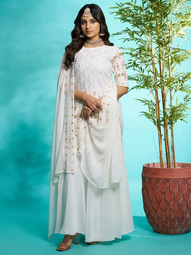 Fascinating White Zari Embroidered Georgette Traditional Palazzo Suit