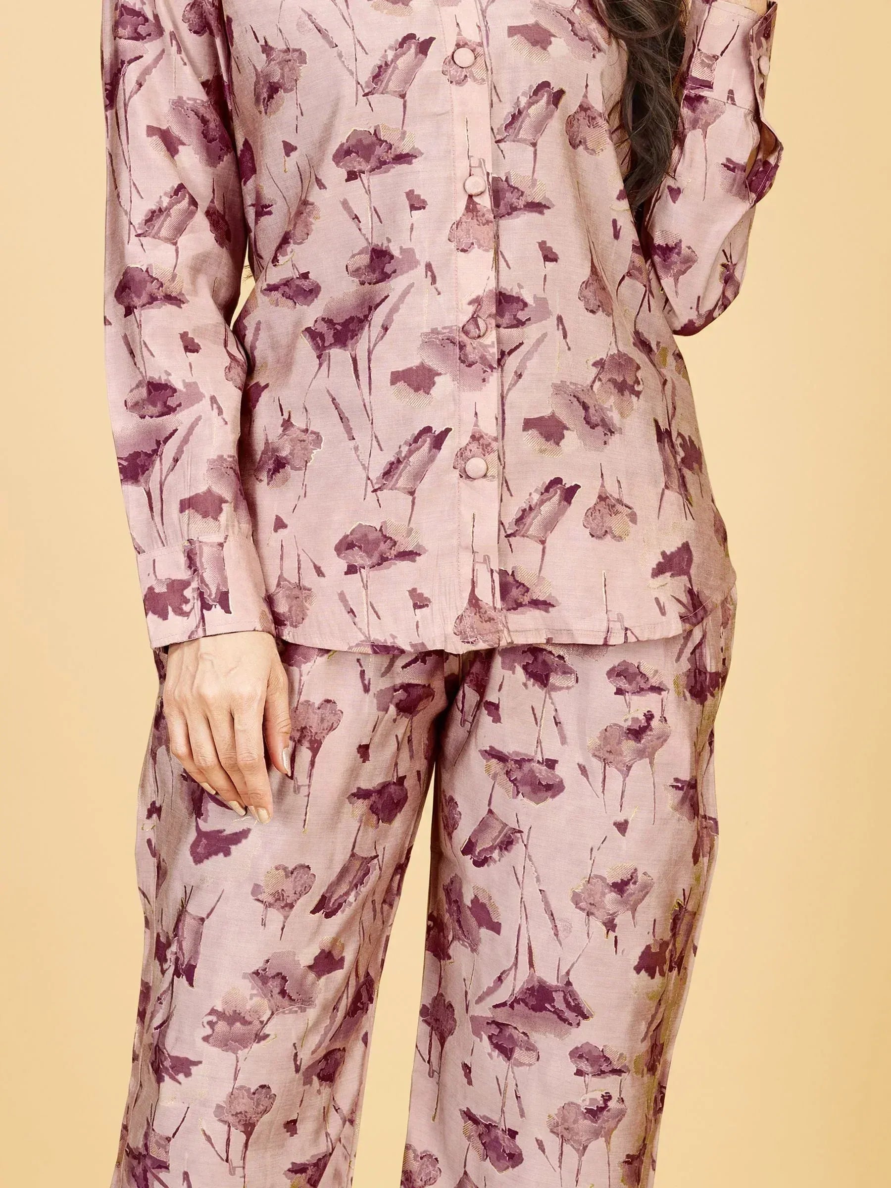 Pink floral print ethnic nightwear set with button-down top and wide pants