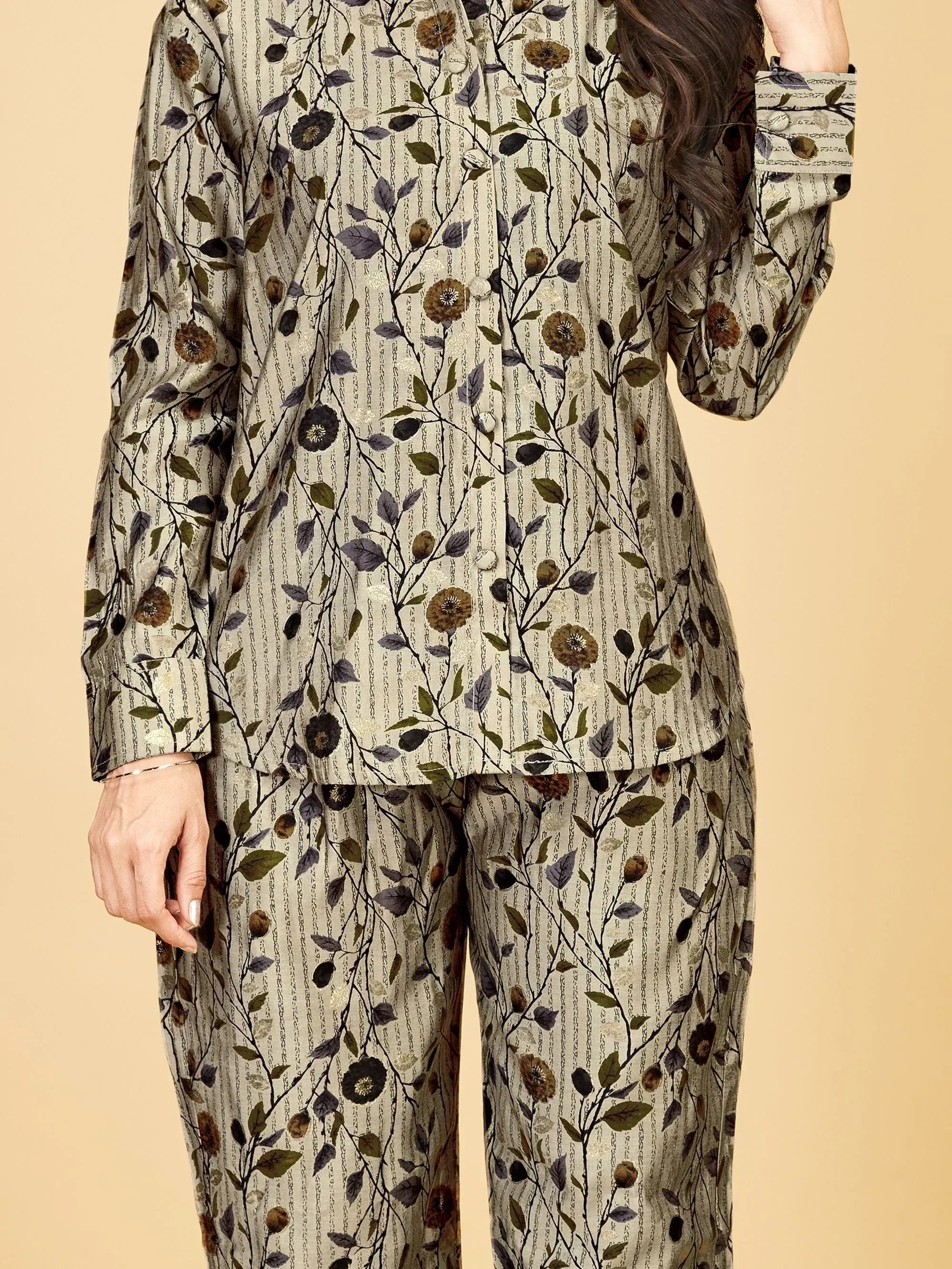 Floral printed ethnic palazzo suit with button-front top, perfect for casual wear