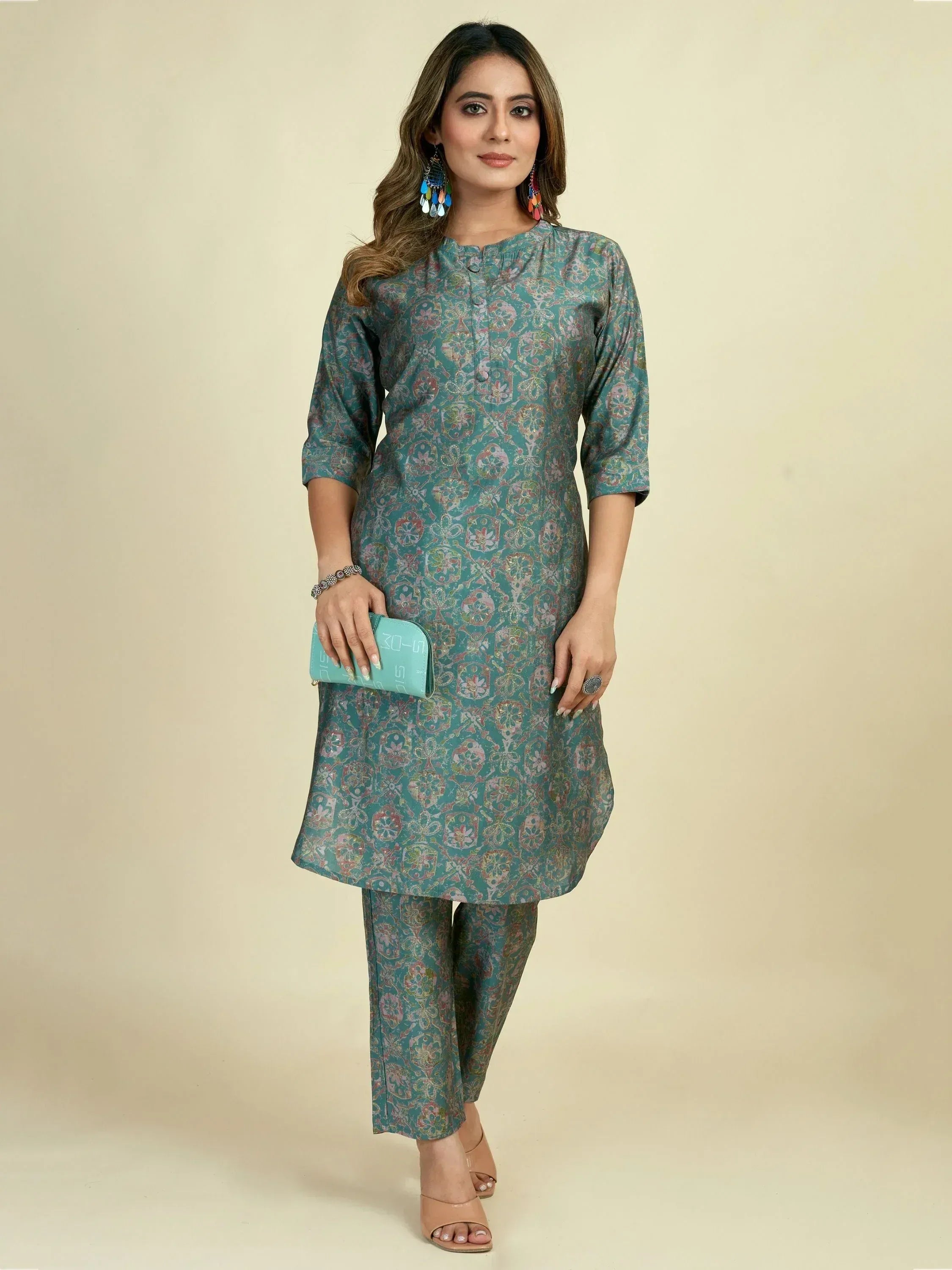 Teal printed kurta with matching pants, ethnic wear for women, stylish Indian outfit