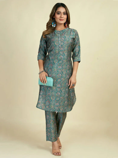 Bewitching Teal Green Digital Printed Satin Casual Wear Kurti Pant