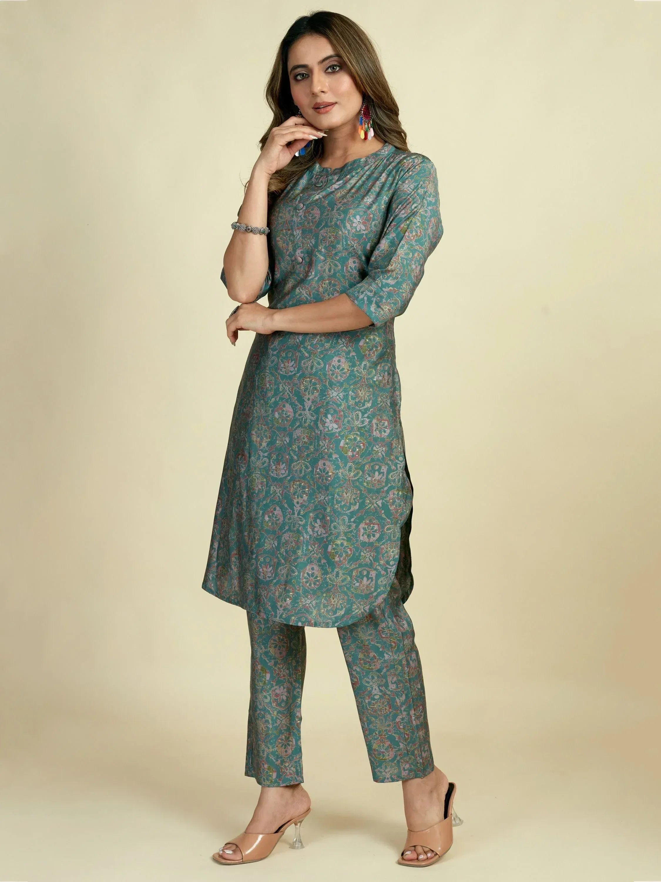 Teal floral print kurta with matching pants, Indian ethnic wear for women