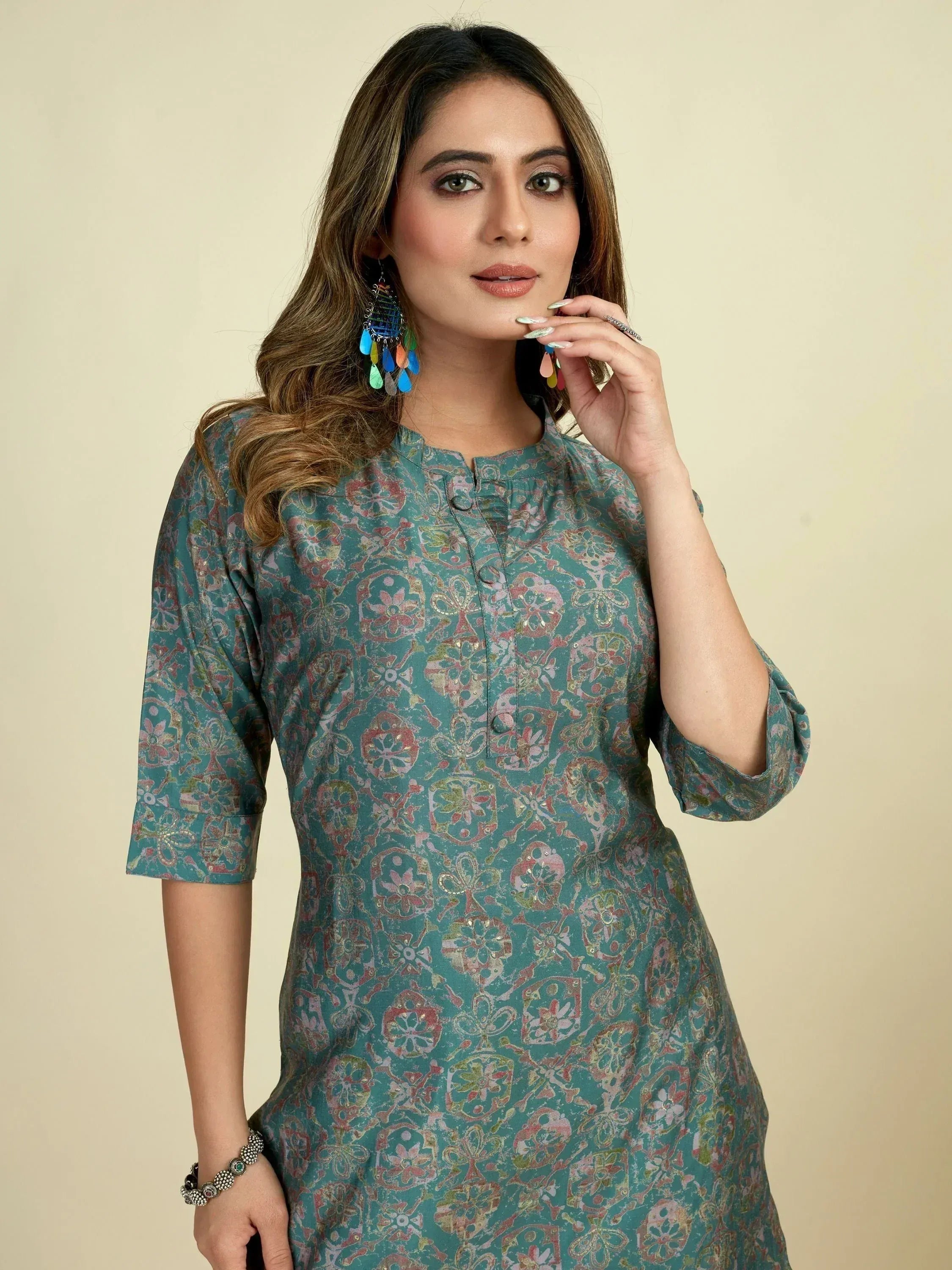 Teal floral print kurta with 3/4 sleeves, perfect for ethnic wear and festive occasions.