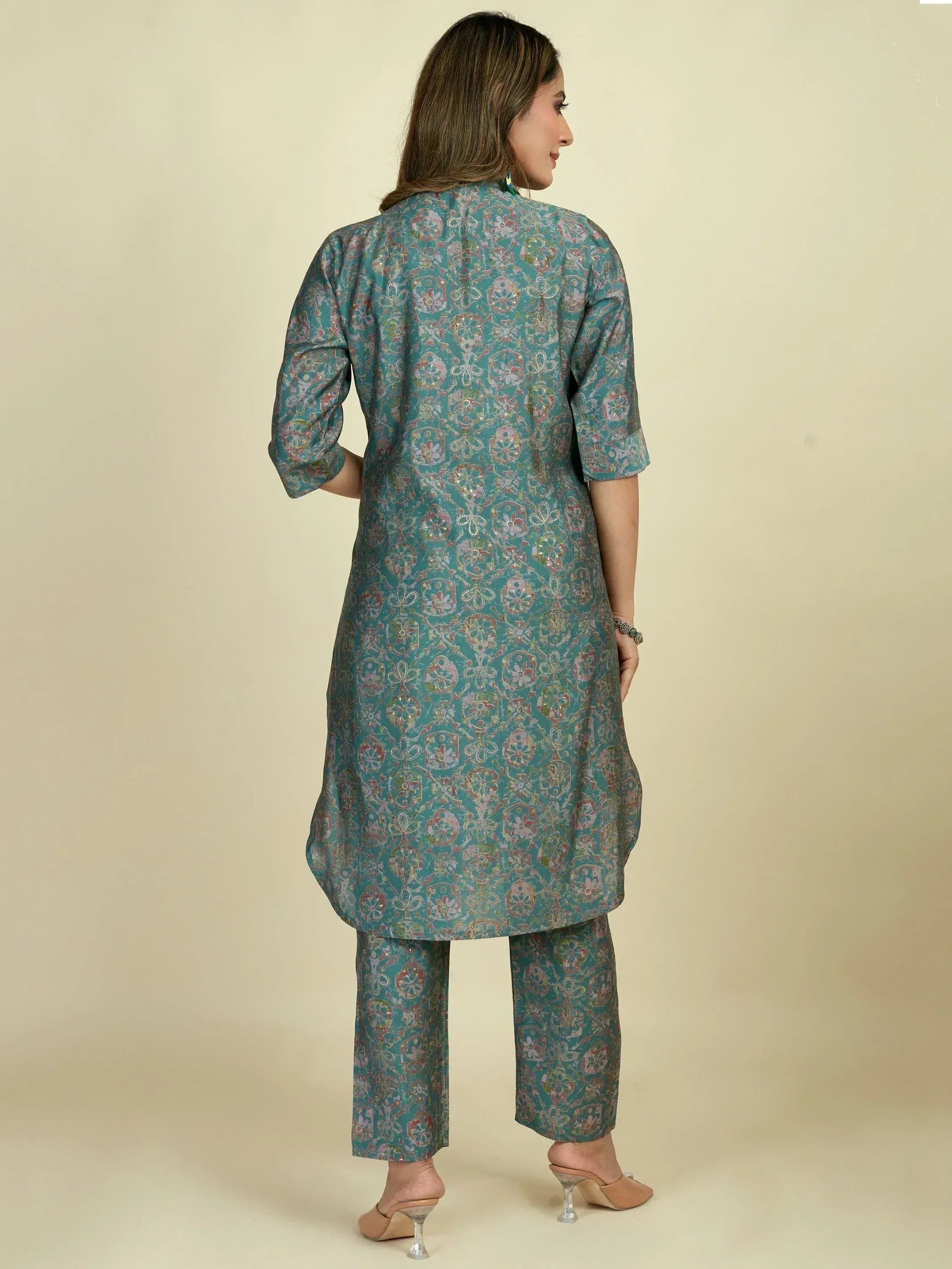 Teal printed kurta with matching palazzo pants, ethnic wear for women