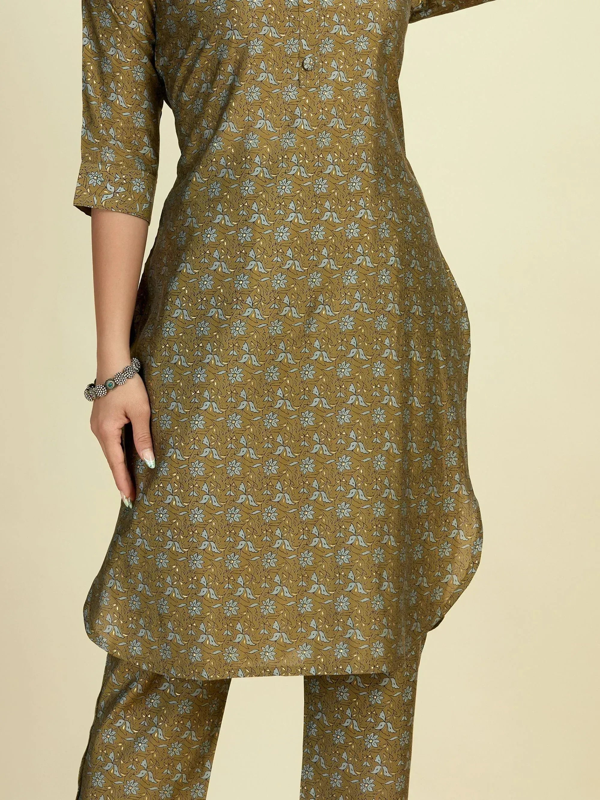 Olive green floral print kurta with matching pants, ethnic wear for women