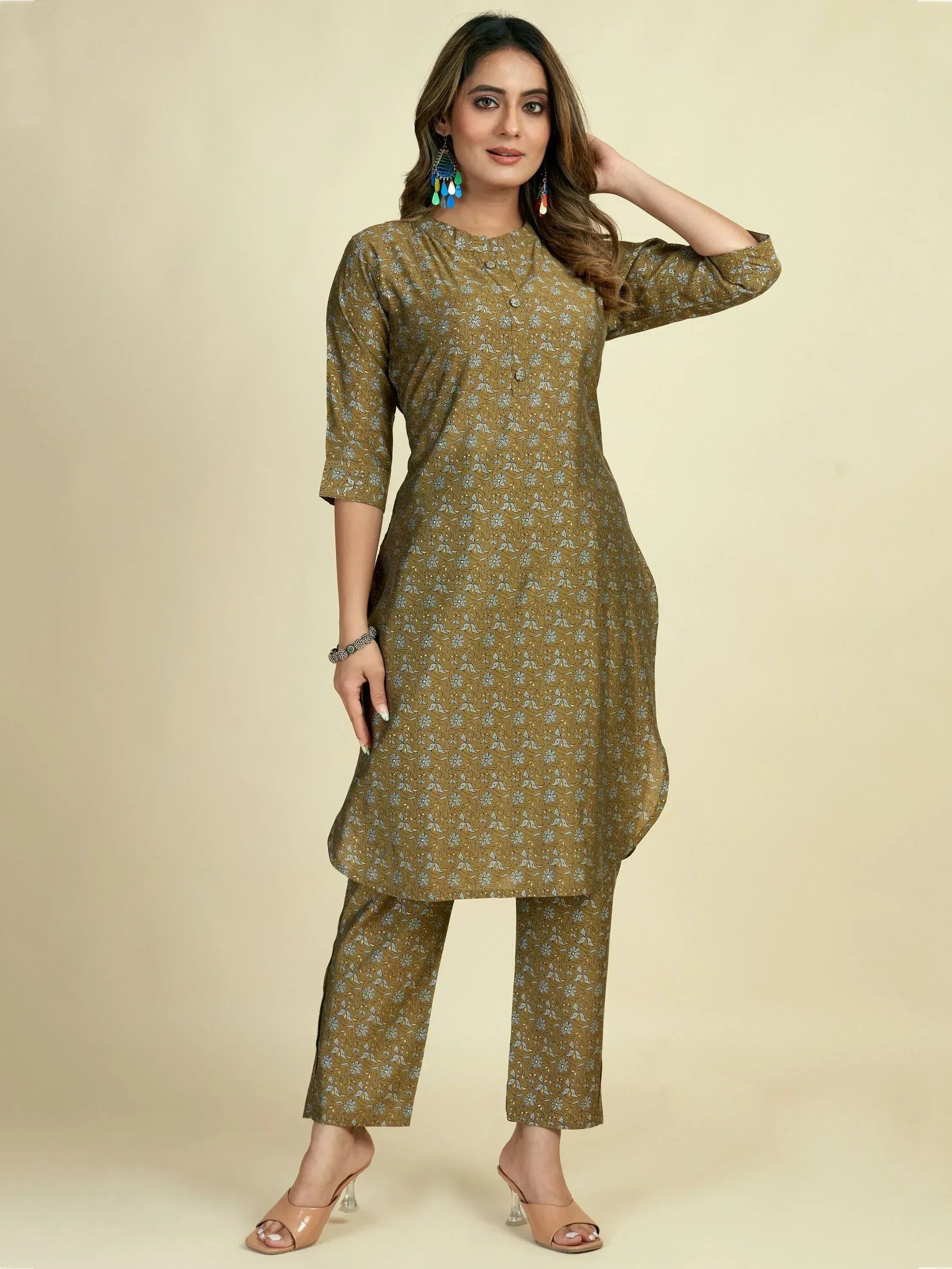 Olive floral printed kurta with matching pants, Indian ethnic wear for women