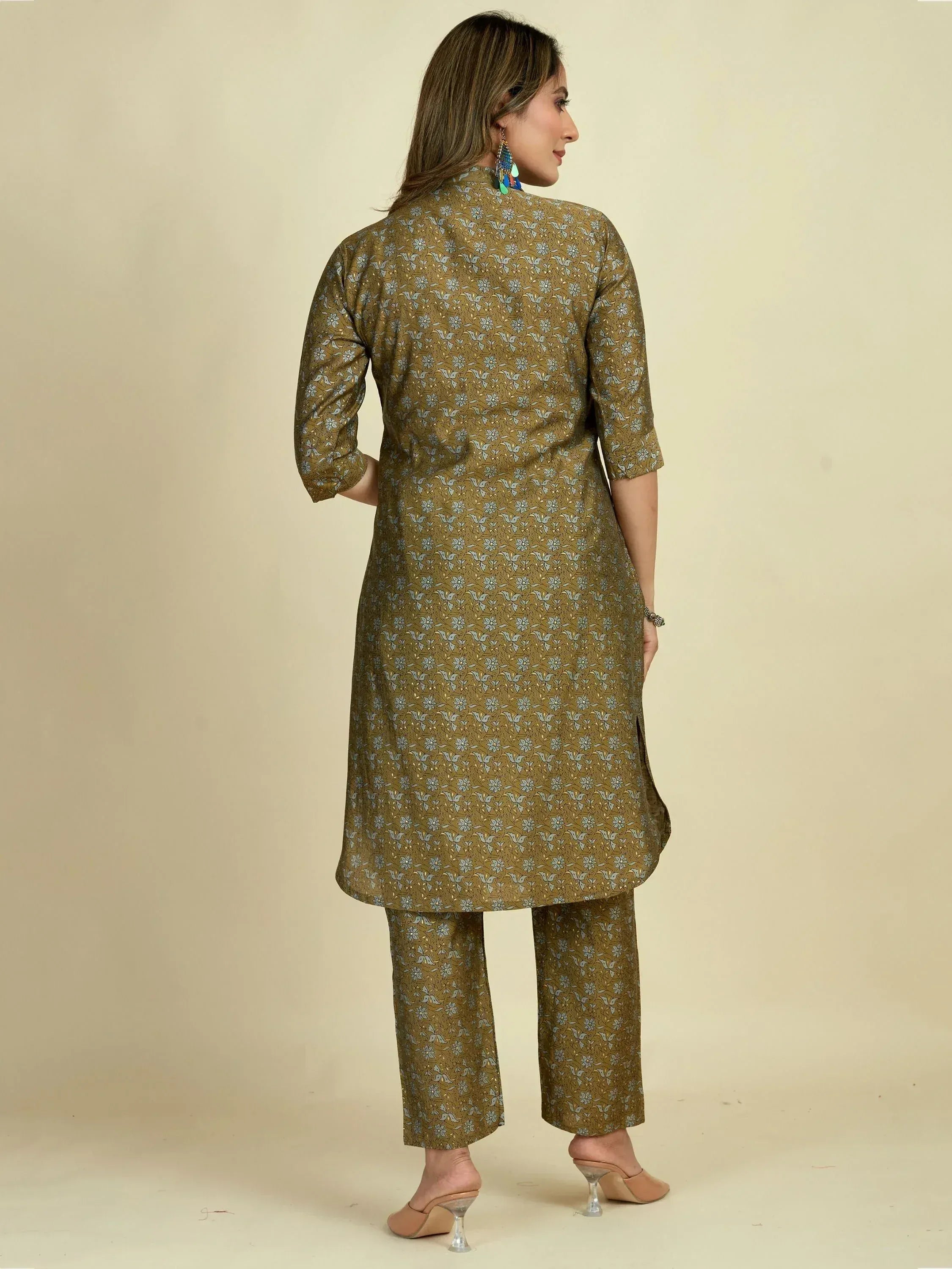 Olive green floral print kurta with matching pants, ethnic wear for women