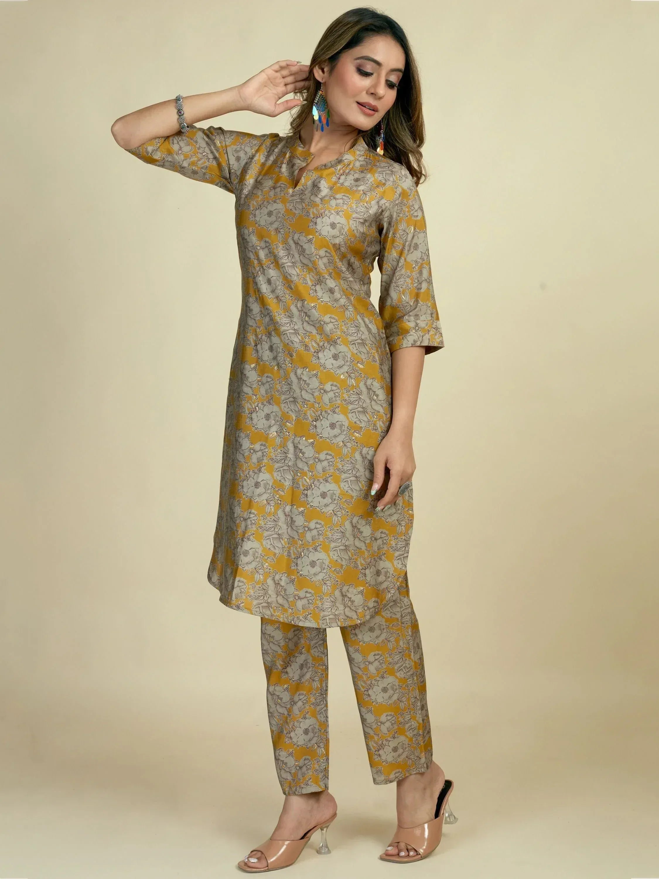 Yellow floral print kurta with matching pants, Indian ethnic wear for women