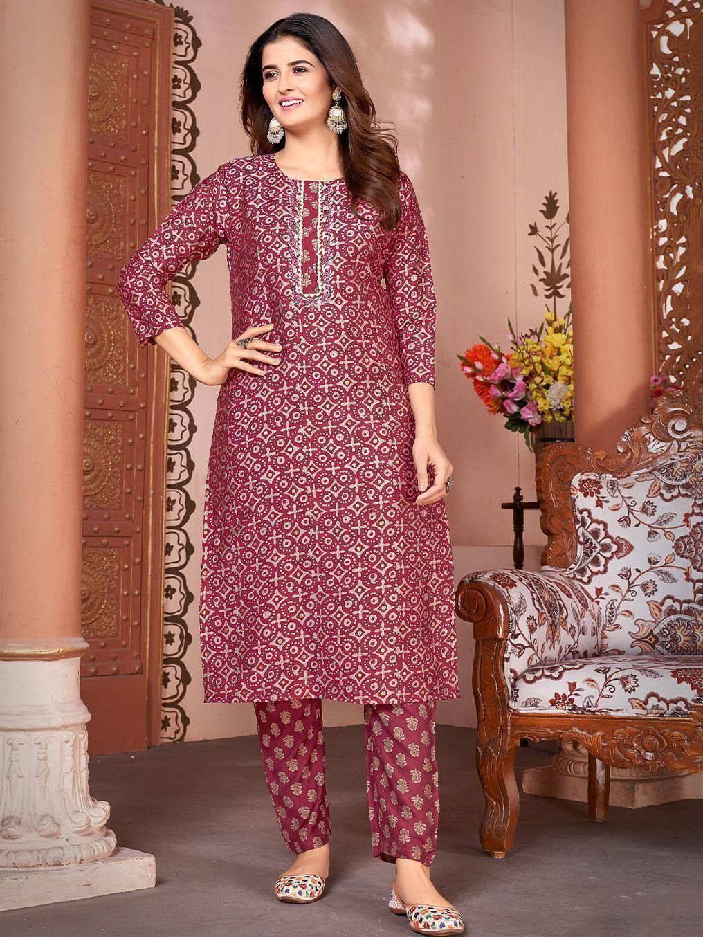 Maroon printed kurta with matching palazzo pants, ethnic Indian wear for women