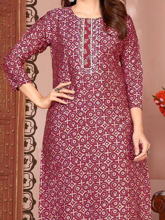 Maroon printed ethnic kurta with geometric pattern, perfect for Indian wear