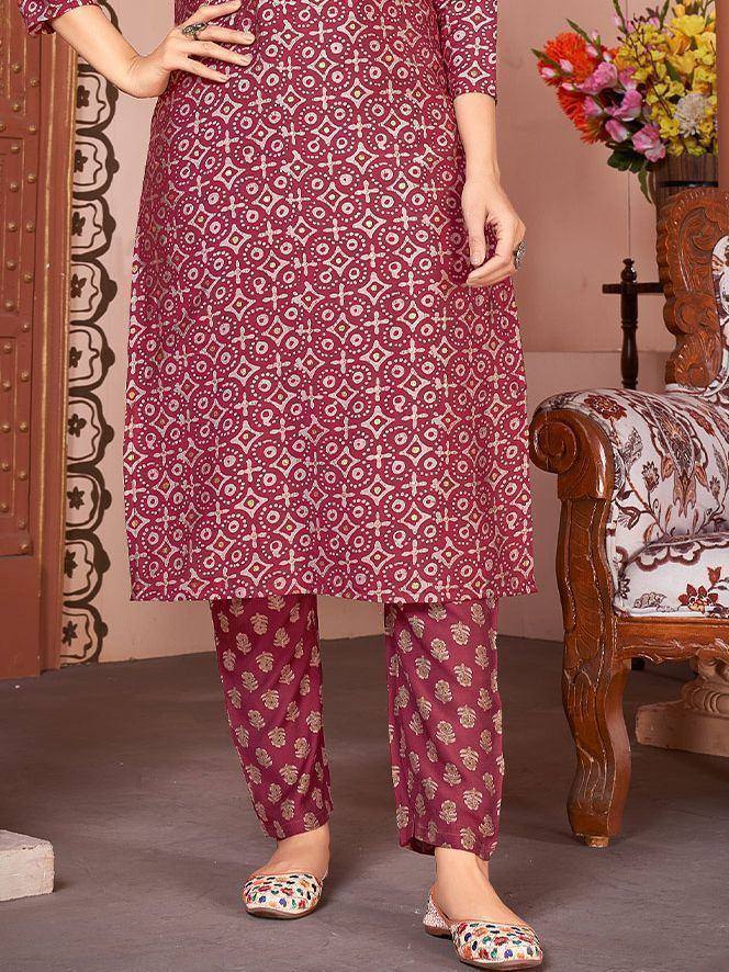 Maroon printed kurta with matching palazzo pants, ethnic Indian wear for women
