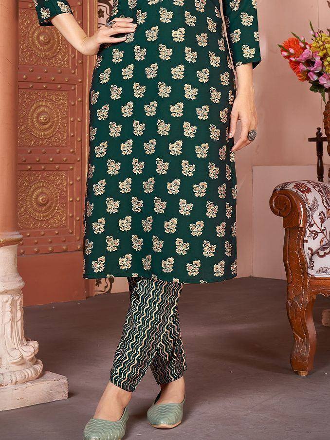Green floral printed kurta with striped palazzo pants, ethnic wear for women
