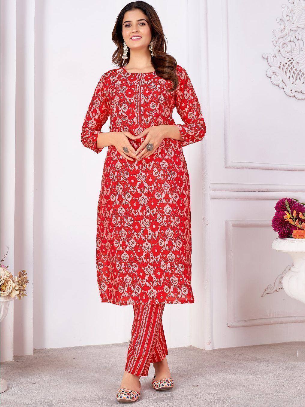 Red printed kurta with matching palazzo pants, ethnic Indian wear for women