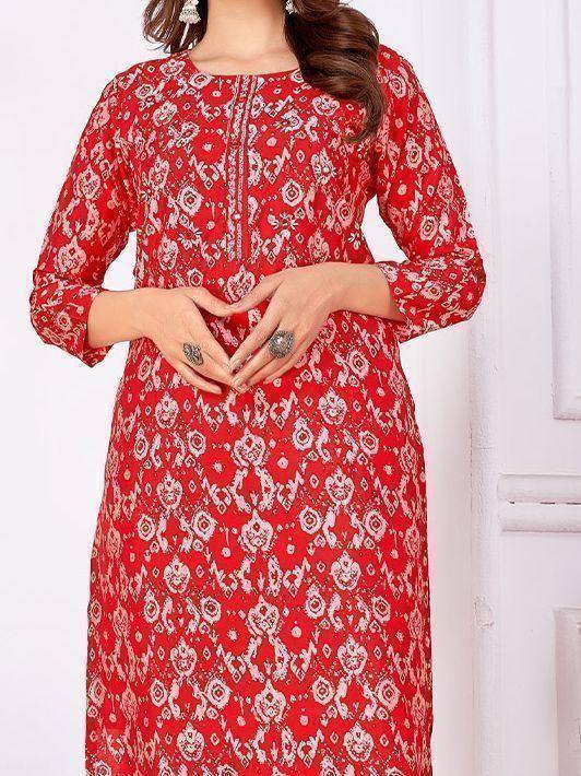 Red printed ethnic kurti with white floral patterns, perfect for Indian wear occasions