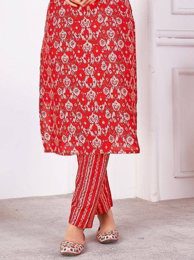 Red printed kurta with striped palazzo pants, ethnic Indian wear