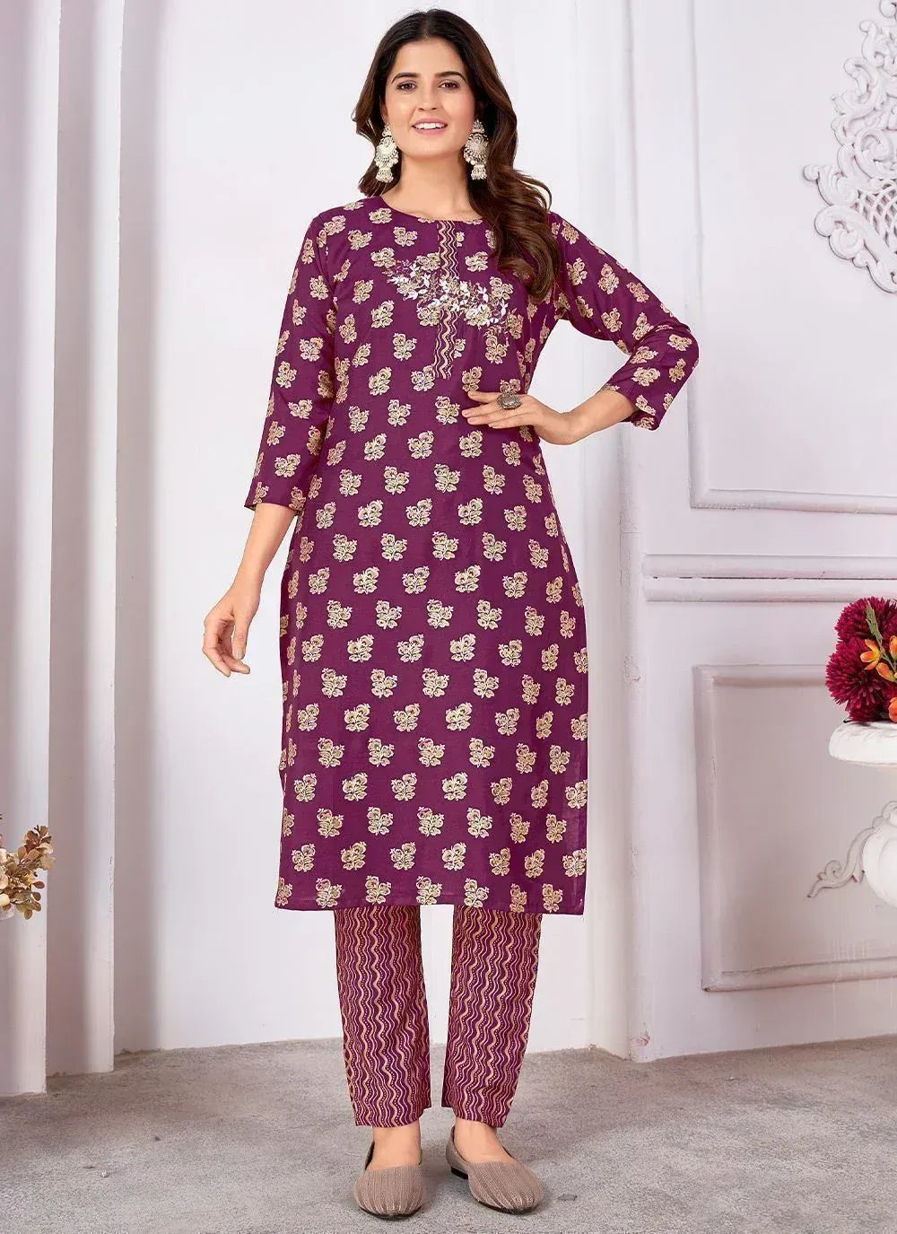 Purple floral print kurta with patterned palazzo pants, ethnic wear for women